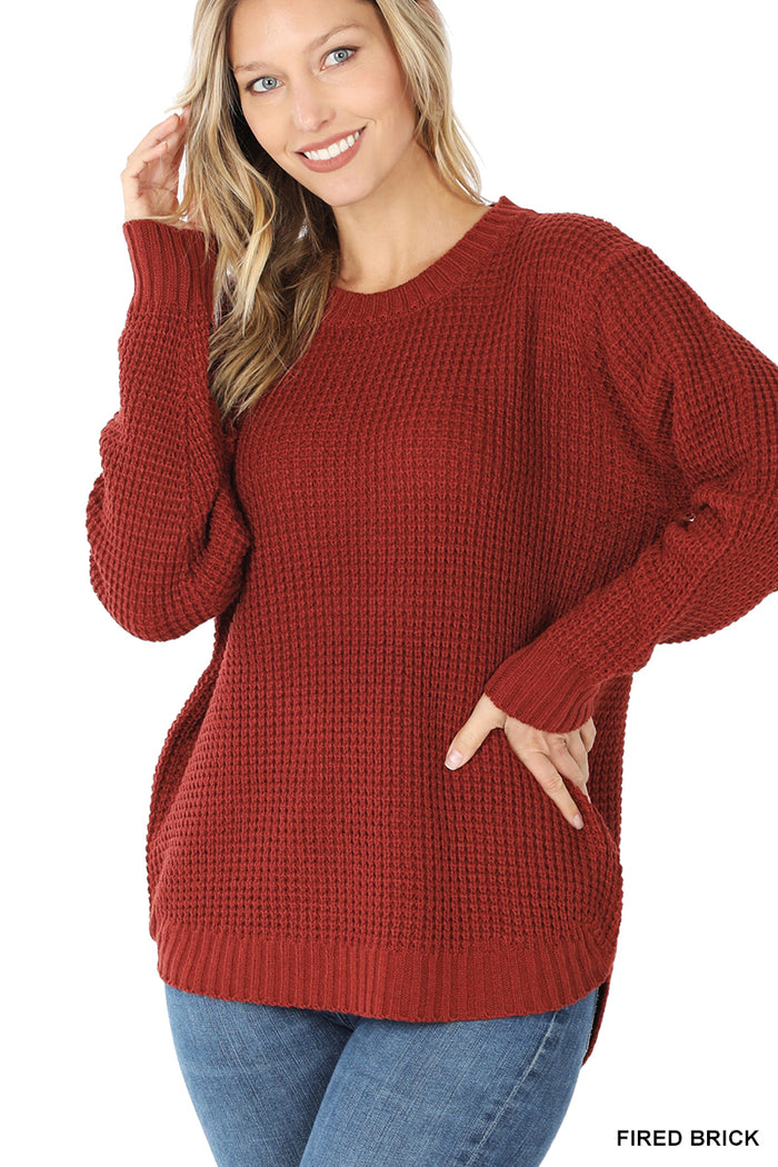 FIRED BRICK HI-LOW LONG SLEEVE ROUND NECK WAFFLE SWEATER