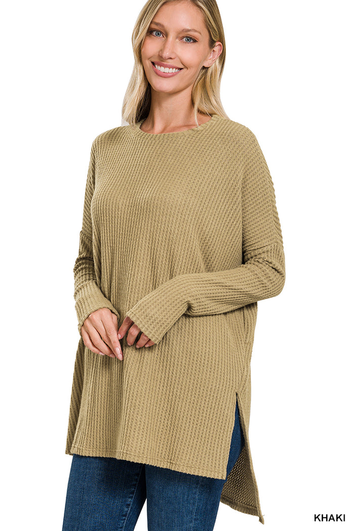 KHAKI -GREEN WAFFLE SWEATER