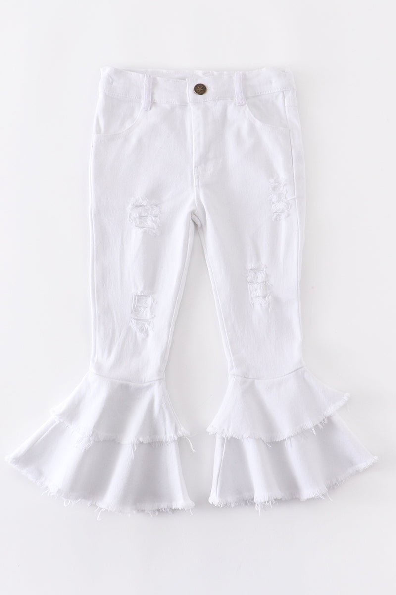 WHITE DOUBLE LAYERED DESTRESSED DENIM JEANS
