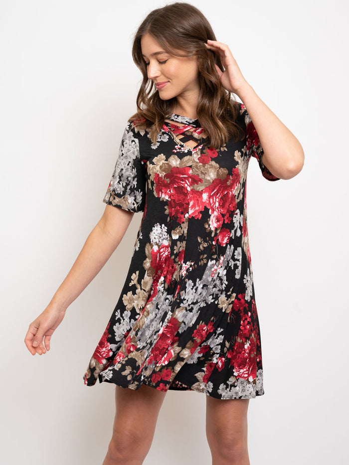 Black Floral Cross Neck Dress/Top