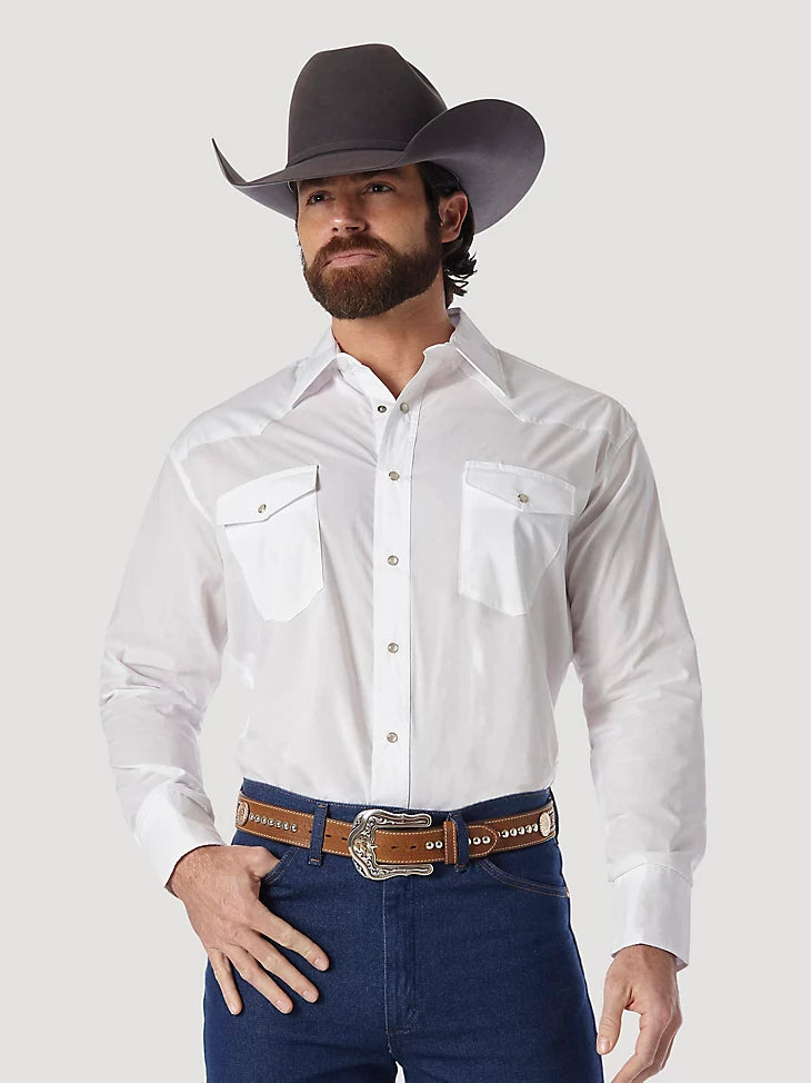 WRANGLER® WESTERN SNAP SHIRT - LONG SLEEVE SOLID BROADCLOTH IN WHITE