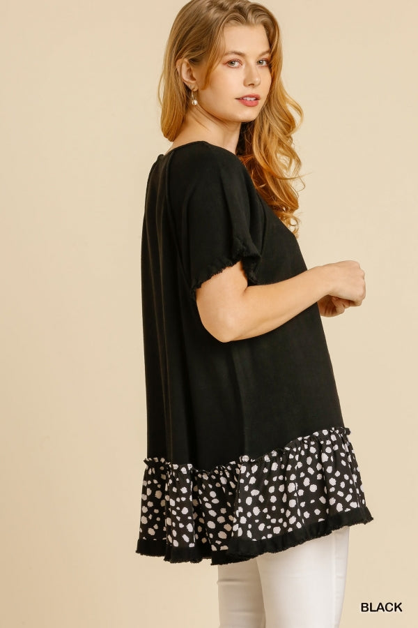 Dalmatian Print Short Sleeve Tunic with Fringed Hem