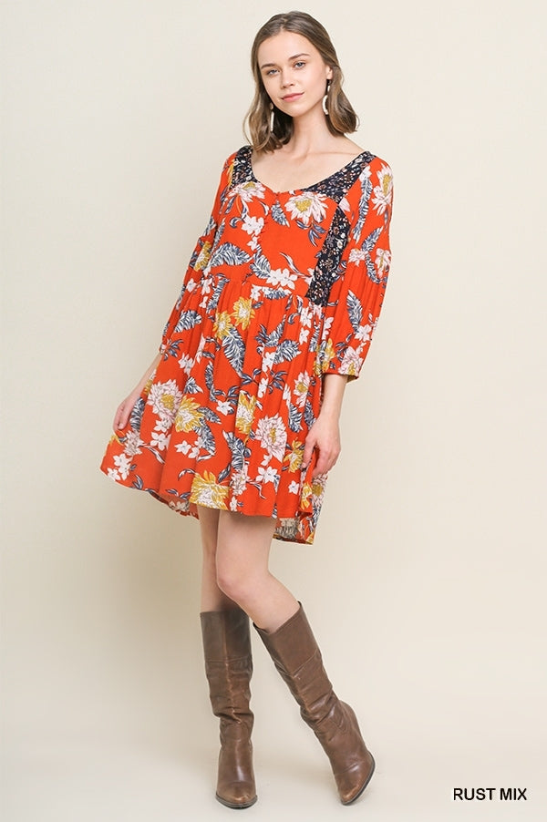 Rust Floral Babydoll Dress