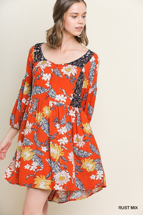 Rust Floral Babydoll Dress