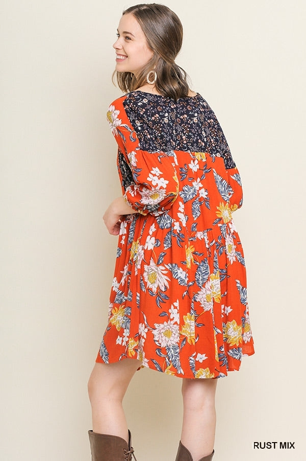 Rust Floral Babydoll Dress