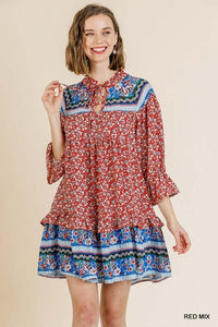 Red Mixed Print Keyhole Dress