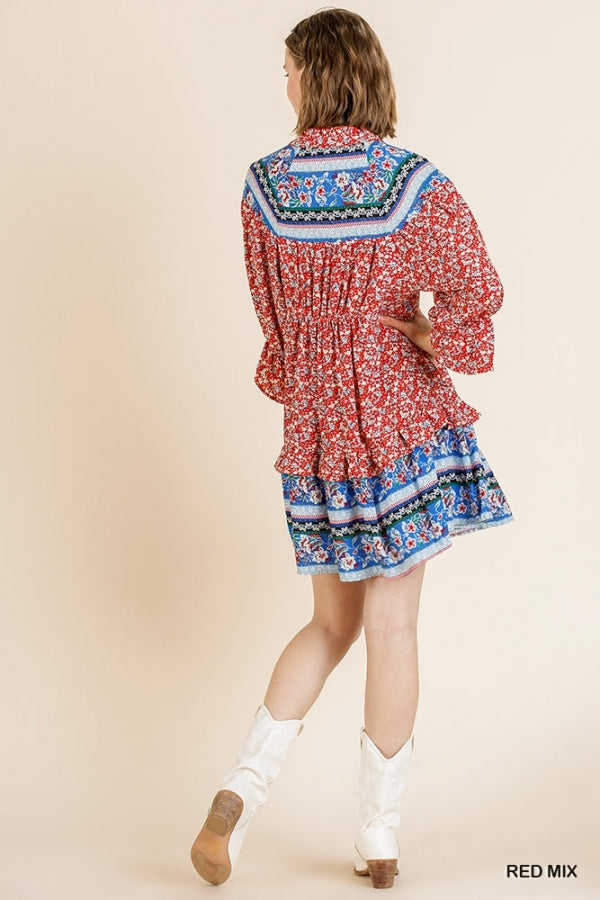 Red Mixed Print Keyhole Dress