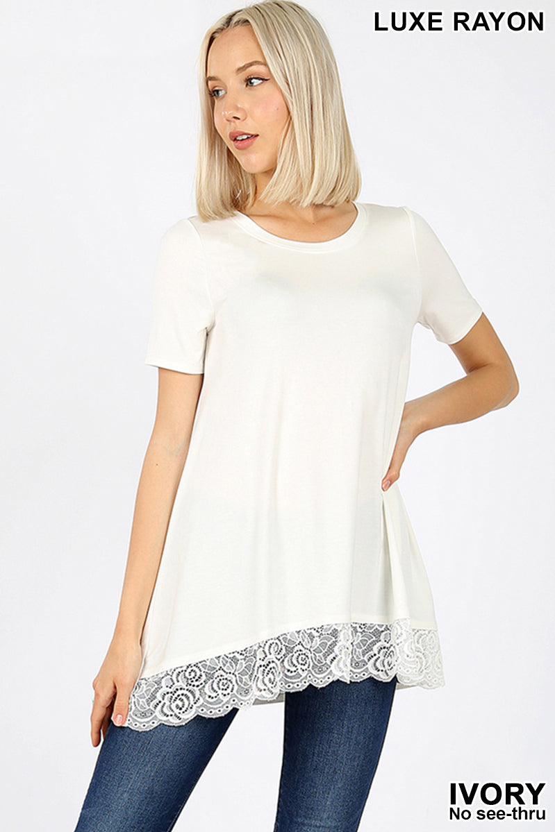 Short Sleeve Lace Trim High/Low Top