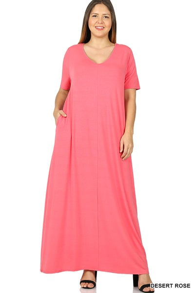 Desert Rose Zenana V Neck Short Sleeve Maxi Dress Curvy