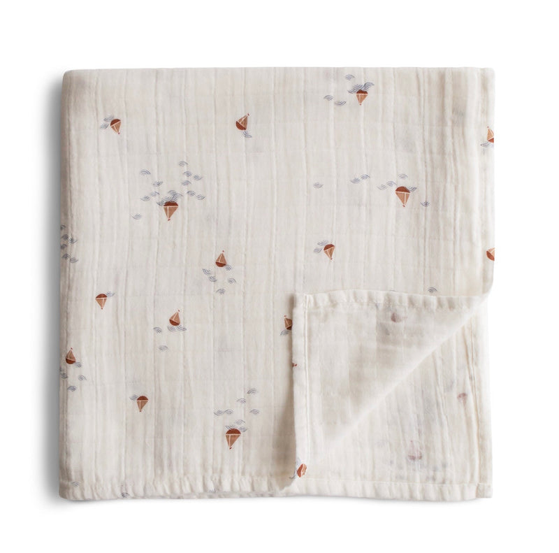 Organic Cotton Muslin Swaddle Blanket “Boats”