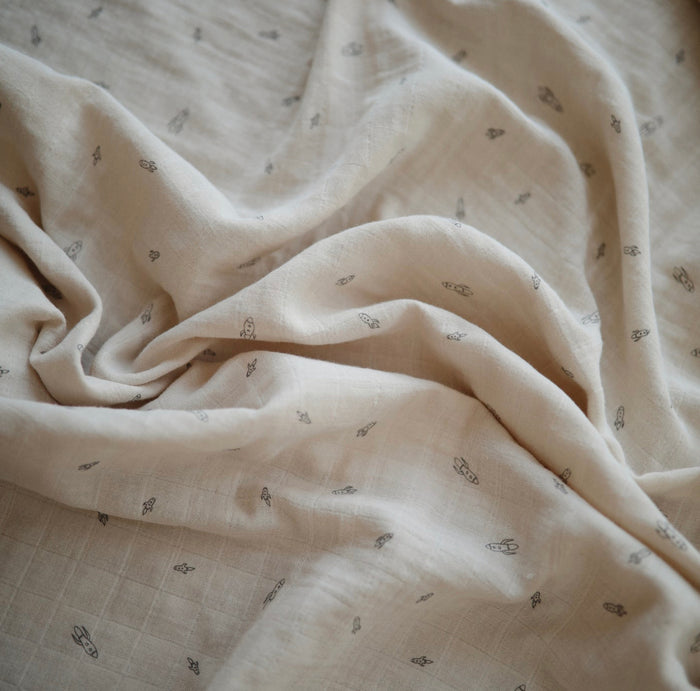 Organic Cotton Muslin Swaddle Blanket “Rocket Ship”