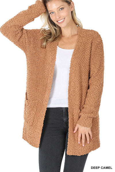 LONG SLEEVE POPCORN CARDIGAN WITH POCKETS