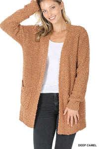 LONG SLEEVE POPCORN CARDIGAN WITH POCKETS