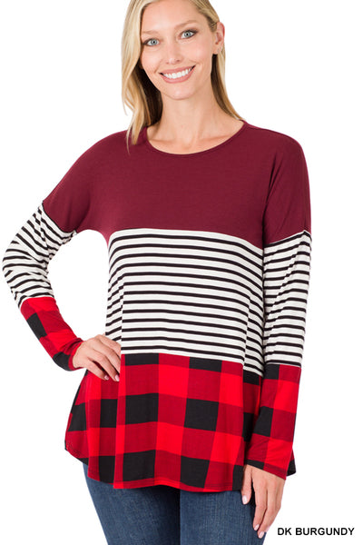 DARK BURGUNDY PLAID SPLICING STRIPED ROUND NECK TOP