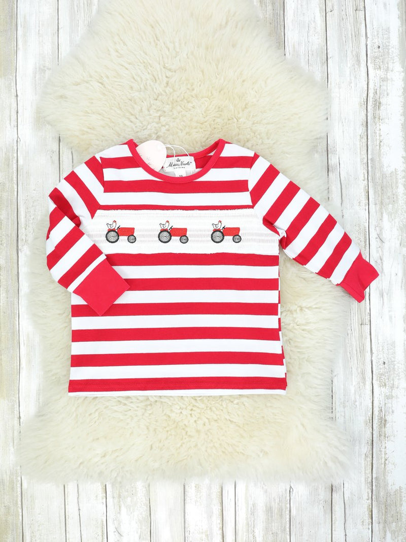 Red white tractor smocked shirt