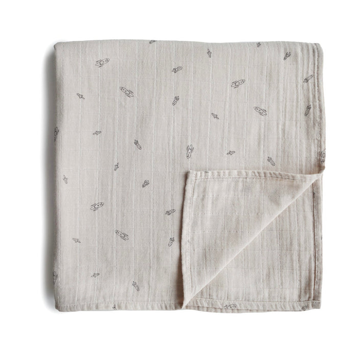 Organic Cotton Muslin Swaddle Blanket “Rocket Ship”