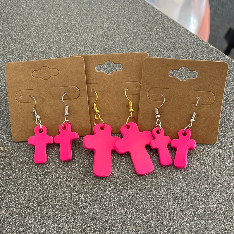 Hot Pink Cross Clay Earrings