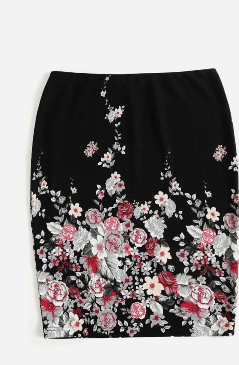 Plus Black Pencil Skirt Floral