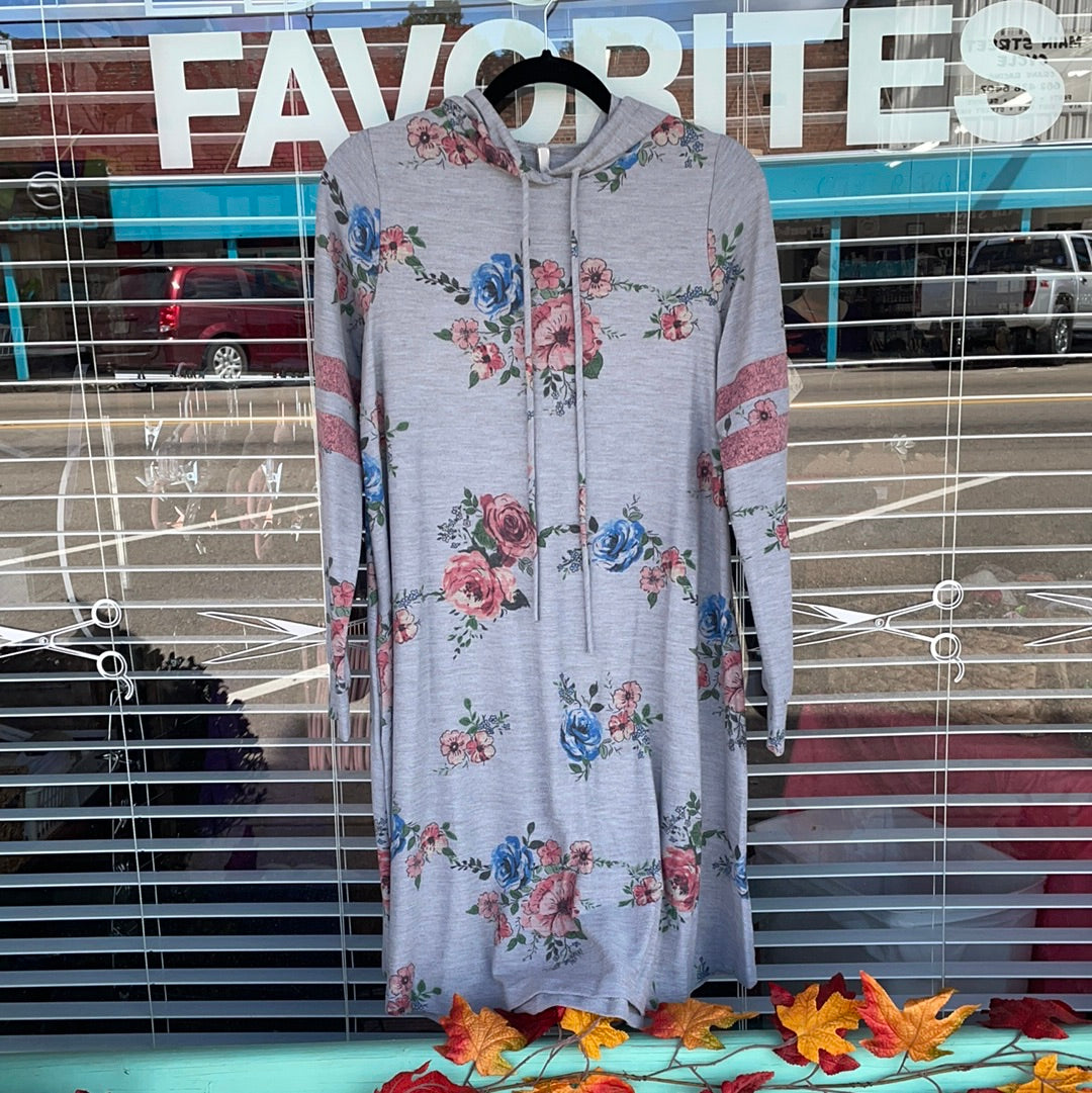 Long Sleeve Floral/Grey Hoodie Dress