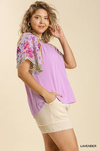 Lavender Mixed Print Woven Knit Top