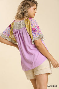 Lavender Mixed Print Woven Knit Top