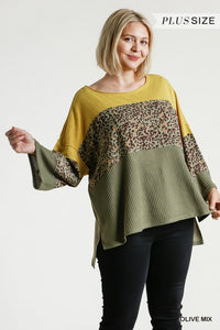 Wide Round Neck Animal Print Colorblock Waffle Knit Top with Raw Edge Detail