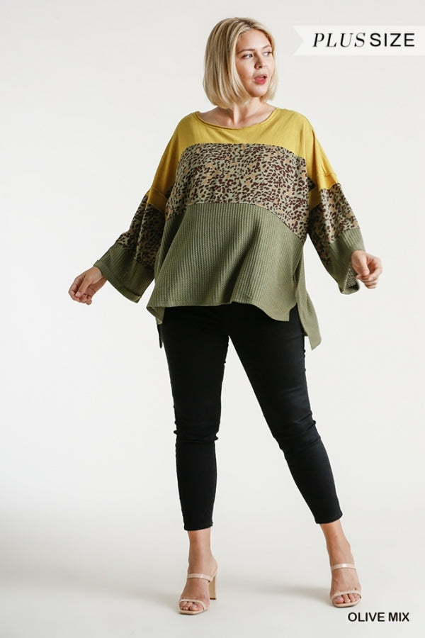 Wide Round Neck Animal Print Colorblock Waffle Knit Top with Raw Edge Detail