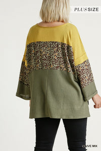 Wide Round Neck Animal Print Colorblock Waffle Knit Top with Raw Edge Detail