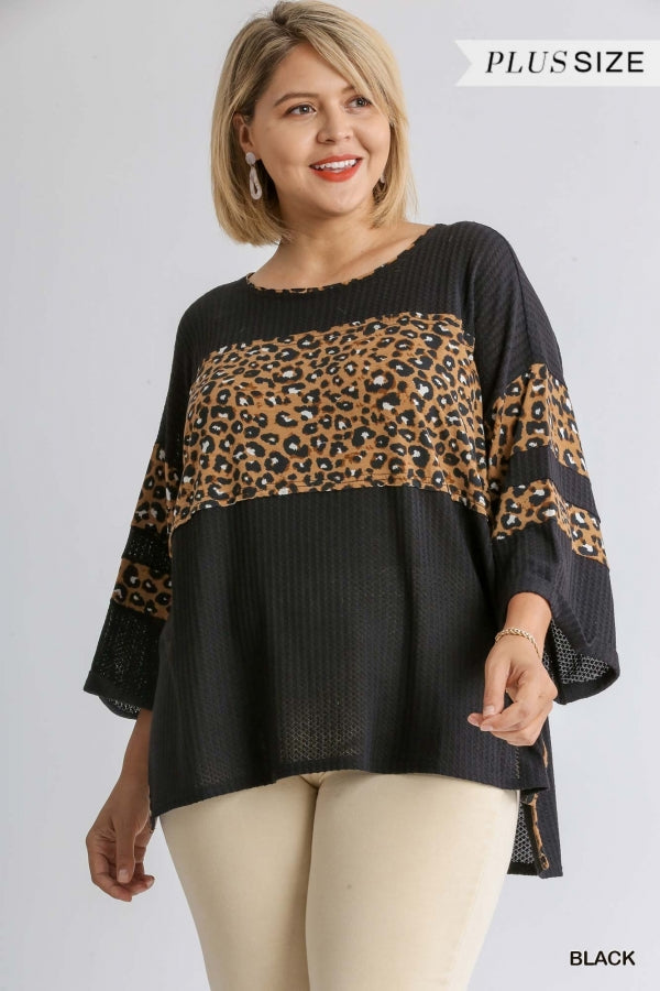 Animal Print Round Neck 3/4 Sleeve Waffle Knit Top with Side Slits and High Low Hem