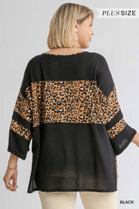 Animal Print Round Neck 3/4 Sleeve Waffle Knit Top with Side Slits and High Low Hem