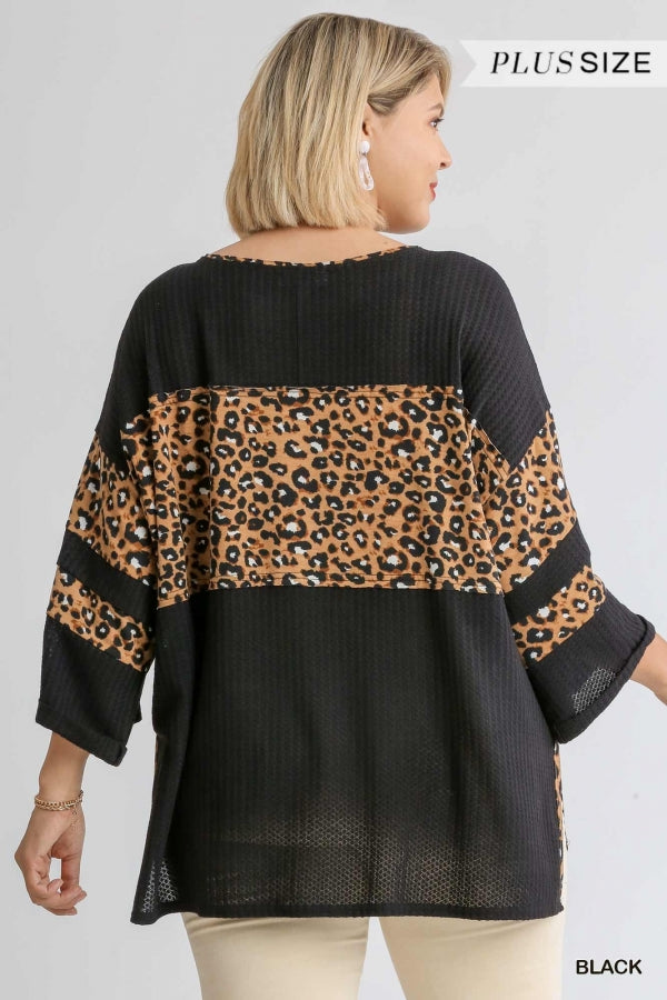 Animal Print Round Neck 3/4 Sleeve Waffle Knit Top with Side Slits and High Low Hem