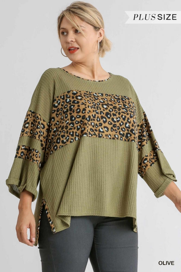 Animal Print Round Neck 3/4 Sleeve Waffle Knit Top with Side Slits and High Low Hem