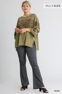 Animal Print Round Neck 3/4 Sleeve Waffle Knit Top with Side Slits and High Low Hem