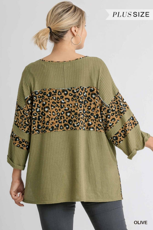 Animal Print Round Neck 3/4 Sleeve Waffle Knit Top with Side Slits and High Low Hem