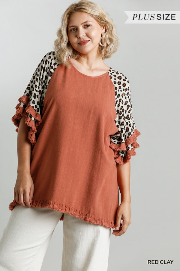 Animal Print Bell Sleeve Round Neck Top with Frayed Hem Details