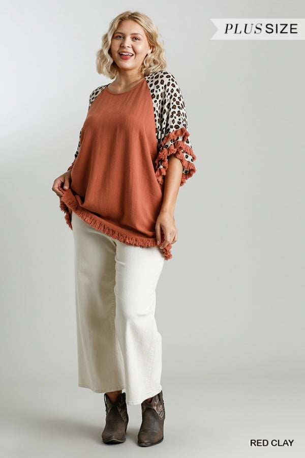 Animal Print Bell Sleeve Round Neck Top with Frayed Hem Details