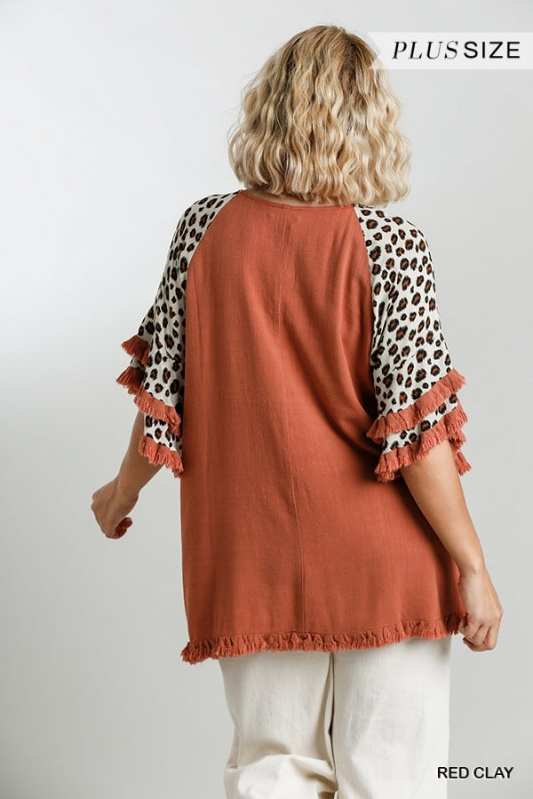 Animal Print Bell Sleeve Round Neck Top with Frayed Hem Details