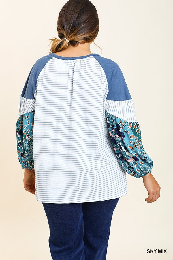 Curvy Sky Mixed Print Top